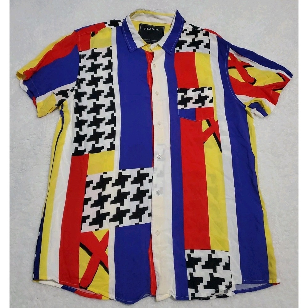 Vintage Reason Shirt Mens XL Multicolor Abstract Viscose Button Up NY USA 90s